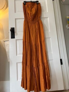 Strapless Tiered Pantsuit in Burnt Orange - Bluivy Tall Jumper